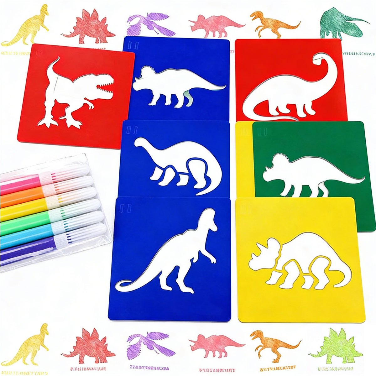 Art Craft Dinosaurs - 6 ชิ้น ลายฉลุวาดภาพไดโนเสาร์พร้อม 6 ชิ้นมาร์กเกอร์ขนาดเล็ก ชุดแม่แบบพลาสติกแบบล้างทำความสะอาดได้