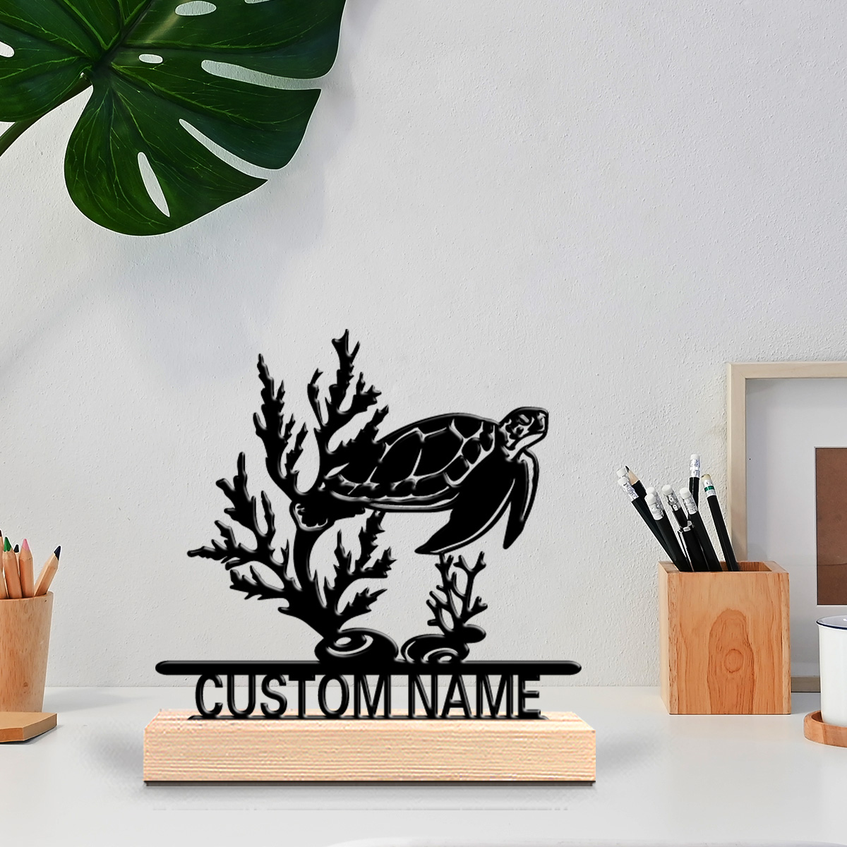 Art Craft Home - รูปปั้นเต่าทะเลนามธรรม 1 ชิ้น งานศิลปะโลหะประดับตกแต่ง พร้อมฐานไม้ รูปปั้นเหล็กพร้อมฐานไม้
