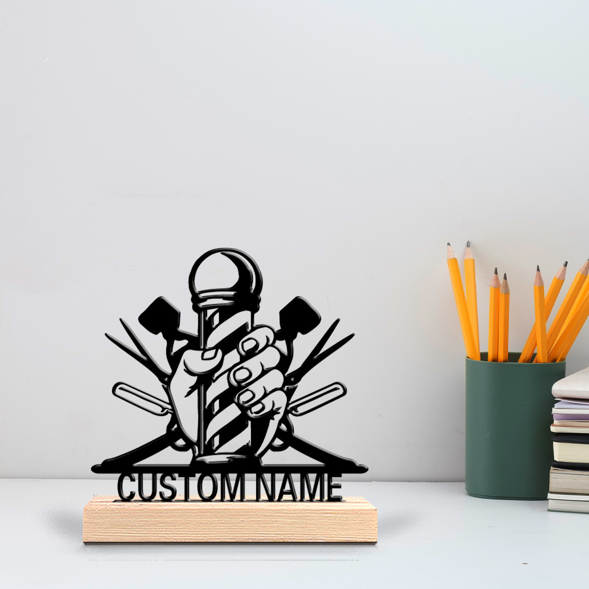 Art Craft Simple - รูปปั้นโลหะรูปช่างตัดผมแบบเรียบง่าย 1 ชิ้น พร้อมฐานไม้ งานศิลปะหัตถกรรม สามารถสลักชื่อได้