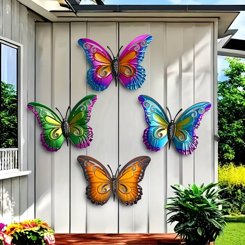 Art Craft Butterfly - ของตกแต่งผนังรูปปั้นผีเสื้อโลหะหลากสี 4 ชิ้น เหมาะสำหรับสวน ลานบ้าน และการตกแต่งผนังรั้วกลางแจ้ง
