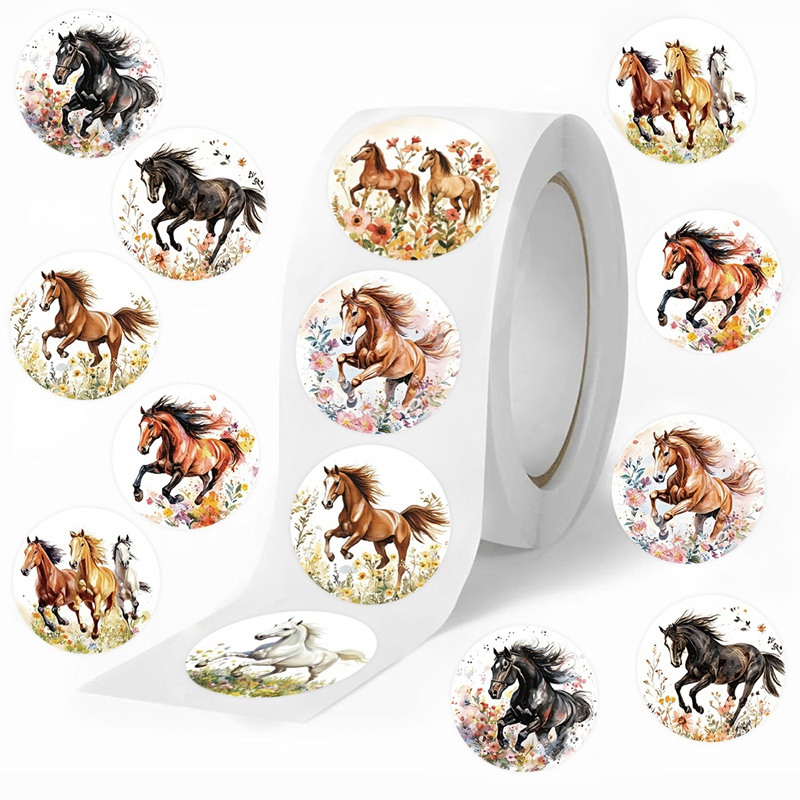 Art Craft Items - 500 ชิ้น/ม้วน สติกเกอร์รูปดอกไม้และม้า สติกเกอร์สัตว์น่ารัก สติกเกอร์ปิดผนึก DIY