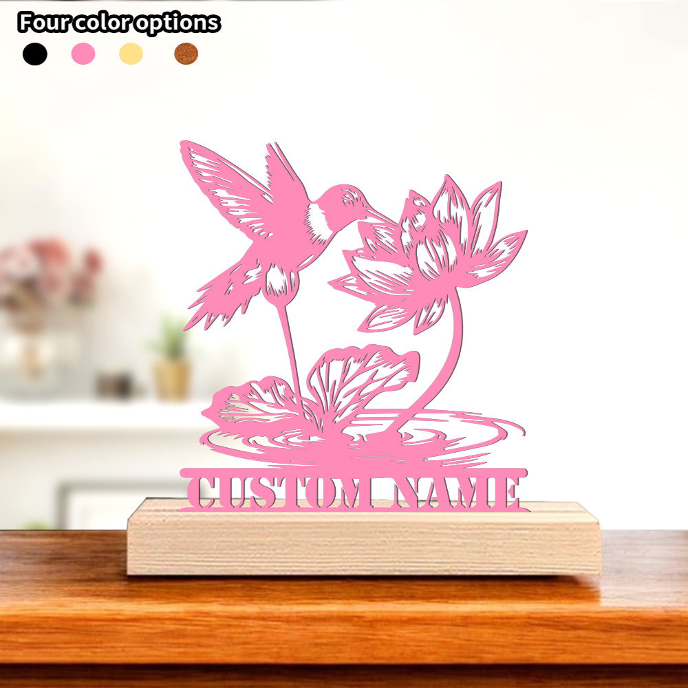 Art Craft Simple - งานประติมากรรมโลหะรูปนกและดอกบัวแบบเรียบง่าย 1 ชิ้น พร้อมฐานไม้ งานศิลปะตกแต่งสำนักงาน สามารถสลักข้อความได้