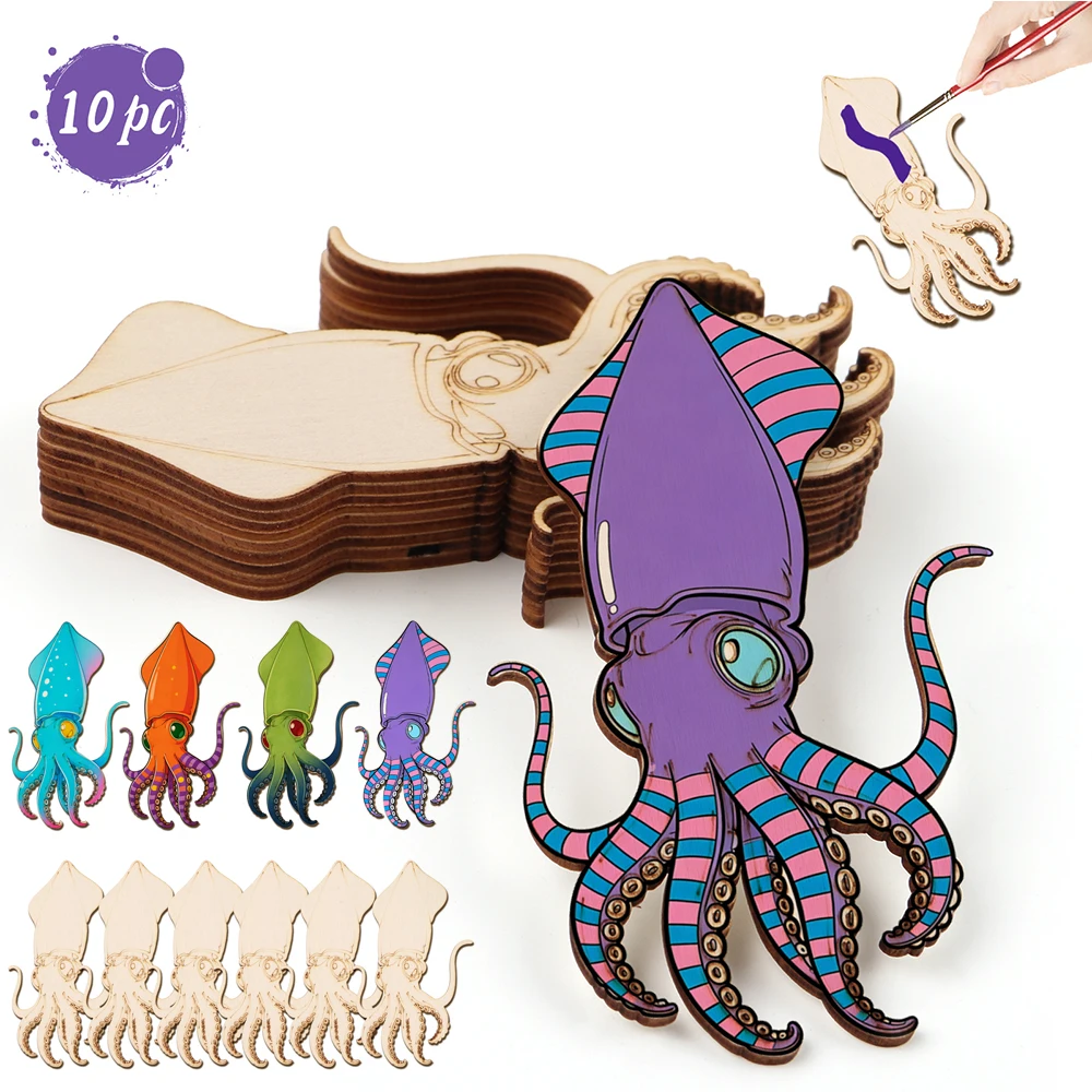 Art Craft Home - ชุดงานฝีมือไม้รูปปลาหมึกยักษ์ 10 ชิ้น/ชุด สำหรับตกแต่งแขวนผนัง งาน DIY
