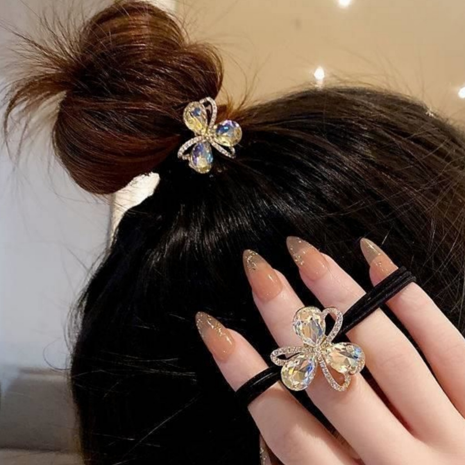 Art And Craft Hair - 1PC ใหม่แฟลชเพชรดอกไม้แฟชั่นผมหางม้าผมวงกลมสีดําความยืดหยุ่นสูง Tie หินอ่อนเชือกผมหญิง