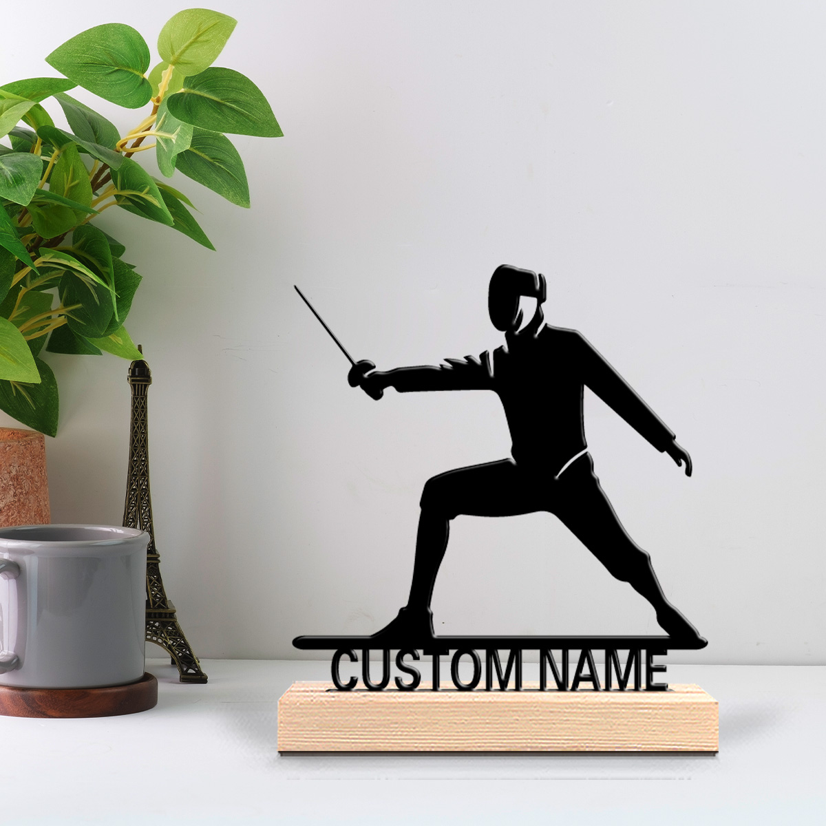 Art Craft Simple - ประติมากรรมโลหะรูปรั้วแบบเรียบง่าย 1 ชิ้น พร้อมชื่อที่กำหนดเอง งานศิลปะหัตถกรรมเหล็กพร้อมฐานไม้ ของขวัญสำหรับเด็ก