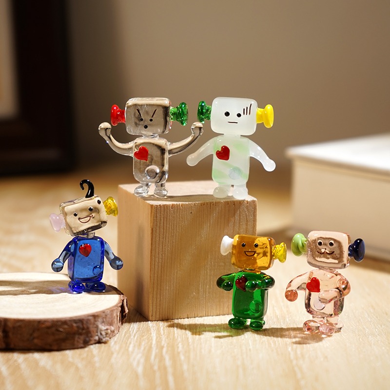Art Craft Robot - หุ่นยนต์หน้าตาสุดน่ารัก งานฝีมือแก้วจิ๋ว ของตกแต่งโต๊ะทำงาน ชั้นวางหนังสือ ศิลปะงานฝีมือ หุ่นยนต์การ์ตูนใส่แว่นตา